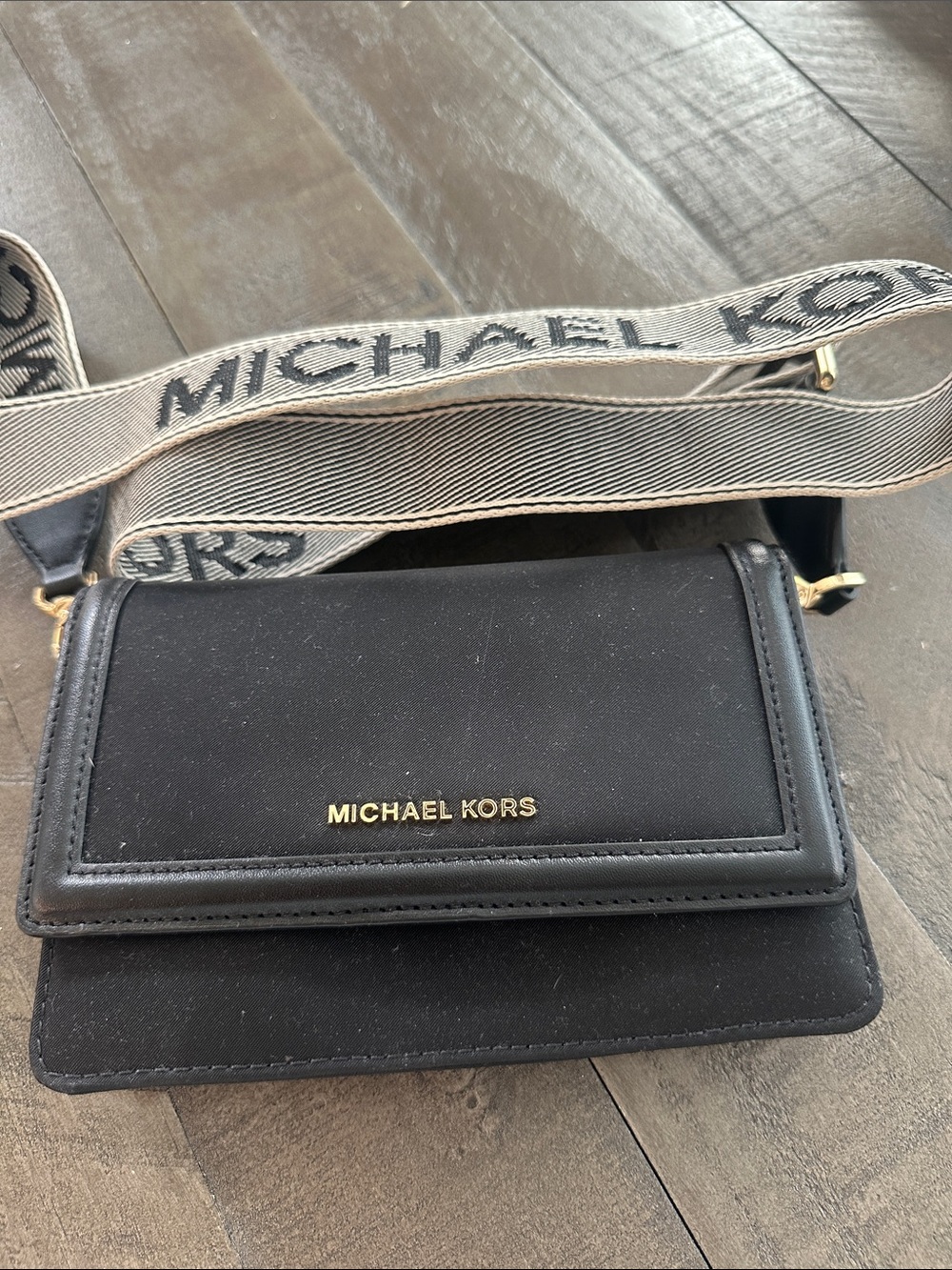 Michael Kors Black Crossbody Wallet with Beige Logo Strap